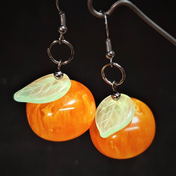 Earrings, Orange pearls with green glass leaves, CANDAVON